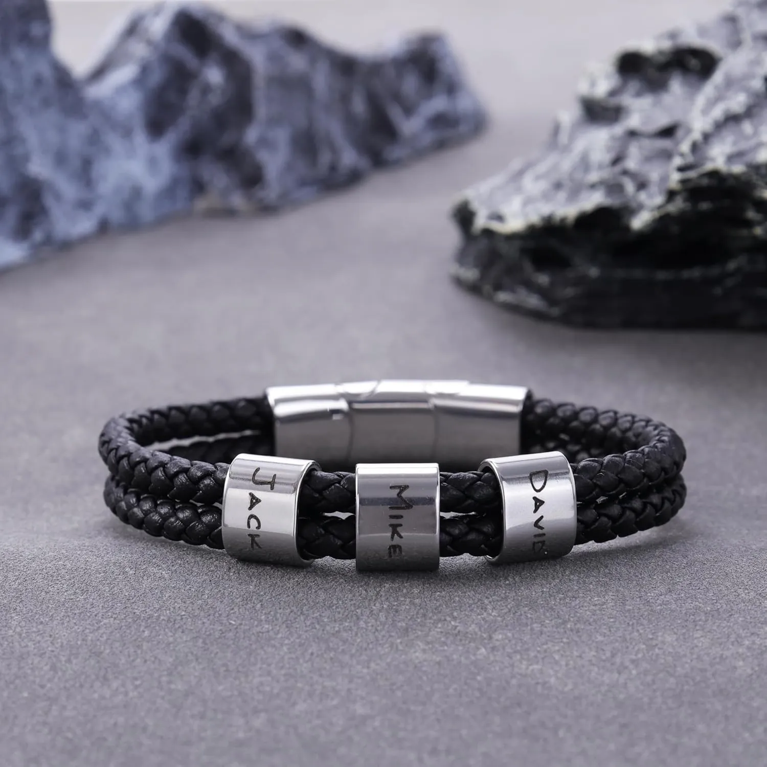 Custom Mens Bracelet with 1-5 Beads Personalized Leather ID Bracelets for Men Customized Braided Name Bracelets Father's Day Gifts for Dad