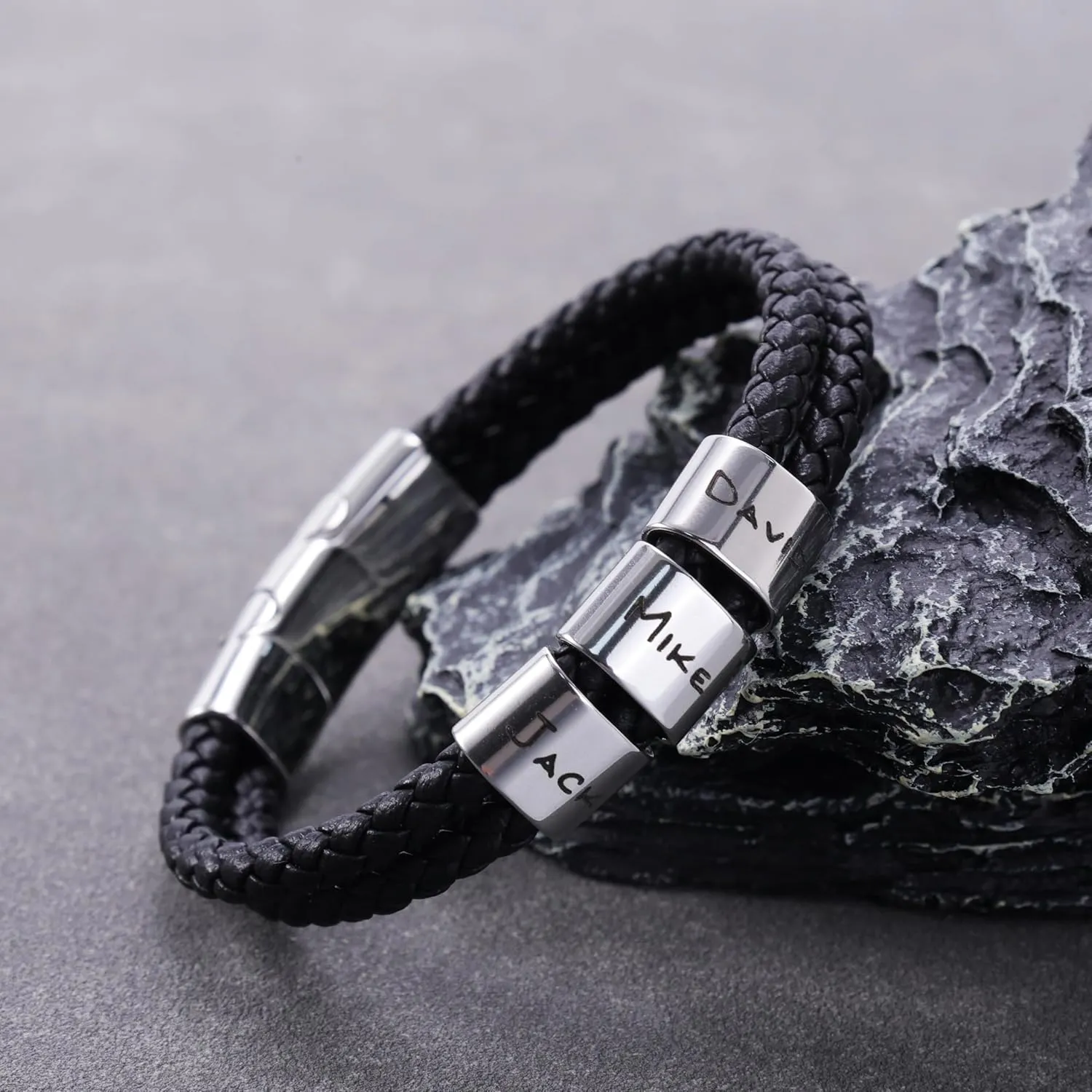 Custom Mens Bracelet with 1-5 Beads Personalized Leather ID Bracelets for Men Customized Braided Name Bracelets Father's Day Gifts for Dad