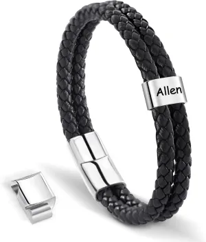 Custom Mens Bracelet with 1-5 Beads Personalized Leather ID Bracelets for Men Customized Braided Name Bracelets Father's Day Gifts for Dad