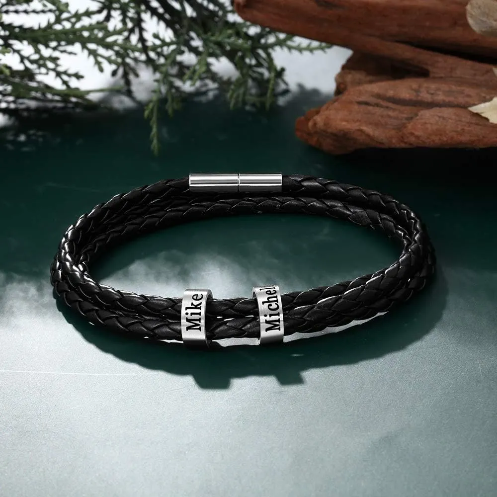 Custom Men's Bracelets with 2-5 Names Personalized Leather Bracelets for Men Stainless Steel Beaded Braided Mens Cuff Bracelet Engraving Text Customized Gifts for Men Dad