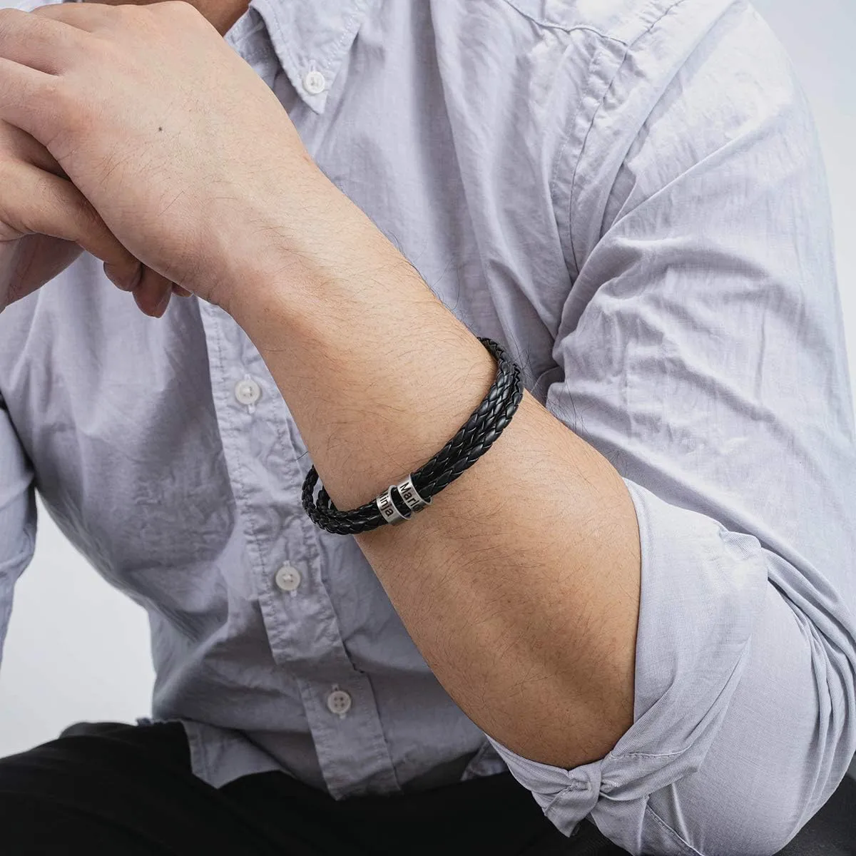Custom Men's Bracelets with 2-5 Names Personalized Leather Bracelets for Men Stainless Steel Beaded Braided Mens Cuff Bracelet Engraving Text Customized Gifts for Men Dad
