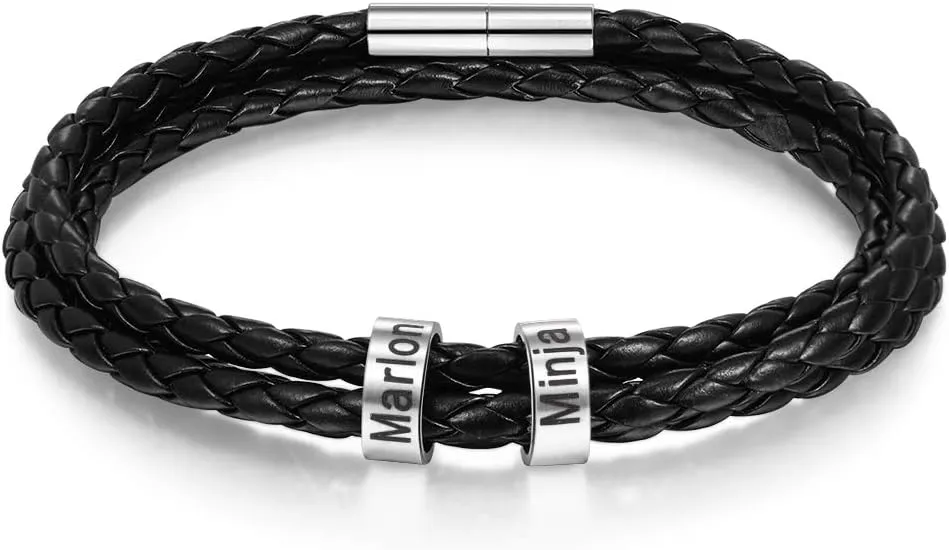 Custom Men's Bracelets with 2-5 Names Personalized Leather Bracelets for Men Stainless Steel Beaded Braided Mens Cuff Bracelet Engraving Text Customized Gifts for Men Dad