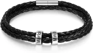 Custom Men's Bracelets with 2-5 Names Personalized Leather Bracelets for Men Stainless Steel Beaded Braided Mens Cuff Bracelet Engraving Text Customized Gifts for Men Dad