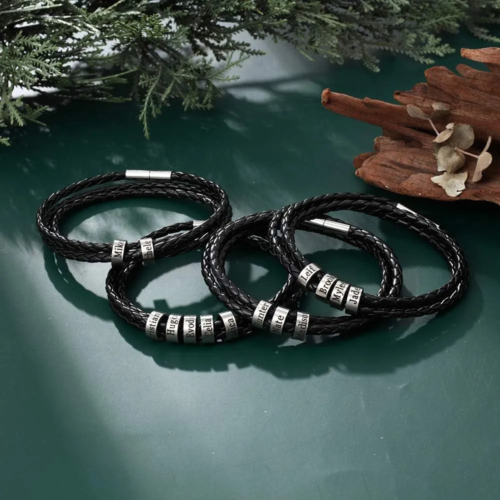 Custom Men's Bracelets with 2-5 Names Personalized Leather Bracelets for Men Stainless Steel Beaded Braided Mens Cuff Bracelet Engraving Text Customized Gifts for Men Dad