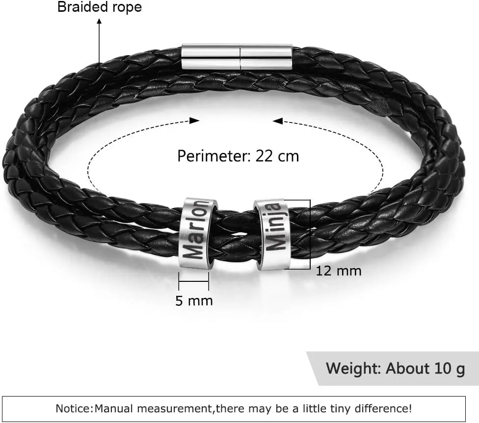 Custom Men's Bracelets with 2-5 Names Personalized Leather Bracelets for Men Stainless Steel Beaded Braided Mens Cuff Bracelet Engraving Text Customized Gifts for Men Dad