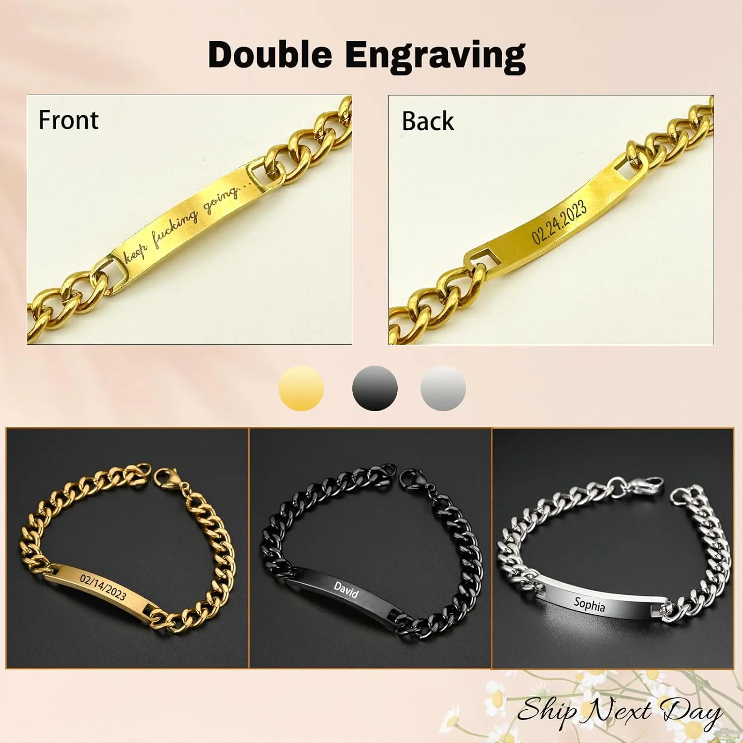 Custom Name Bar Bracelet Personalized,Engraved Stainless Steel ID Name Bracelets -Personalized Gift for Men Women Lover