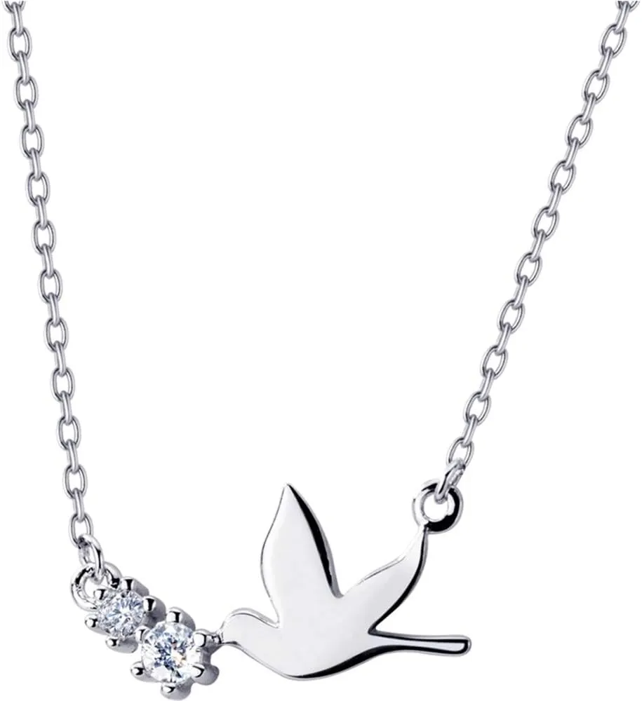 Cute Dove Bird Crystal Pendant Necklace Sterling Silver for Women Small Hammingbird Swallow Charm Chain Choker Necklaces Adjustable Hypoallergenic Delicate Jewelry Gift for Mom Daughter Friend