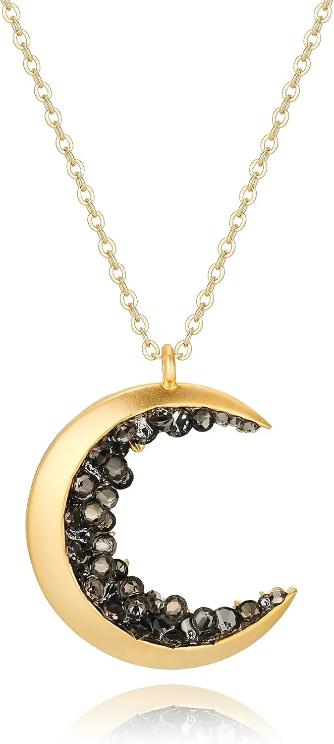 Dainty Delicate Long Layered Crescent Moon Necklace for Women - 14k Gold Plated, Minimalist Astrology Jewelry, Crescent Moon Encrusted with Black Crystal Jewels