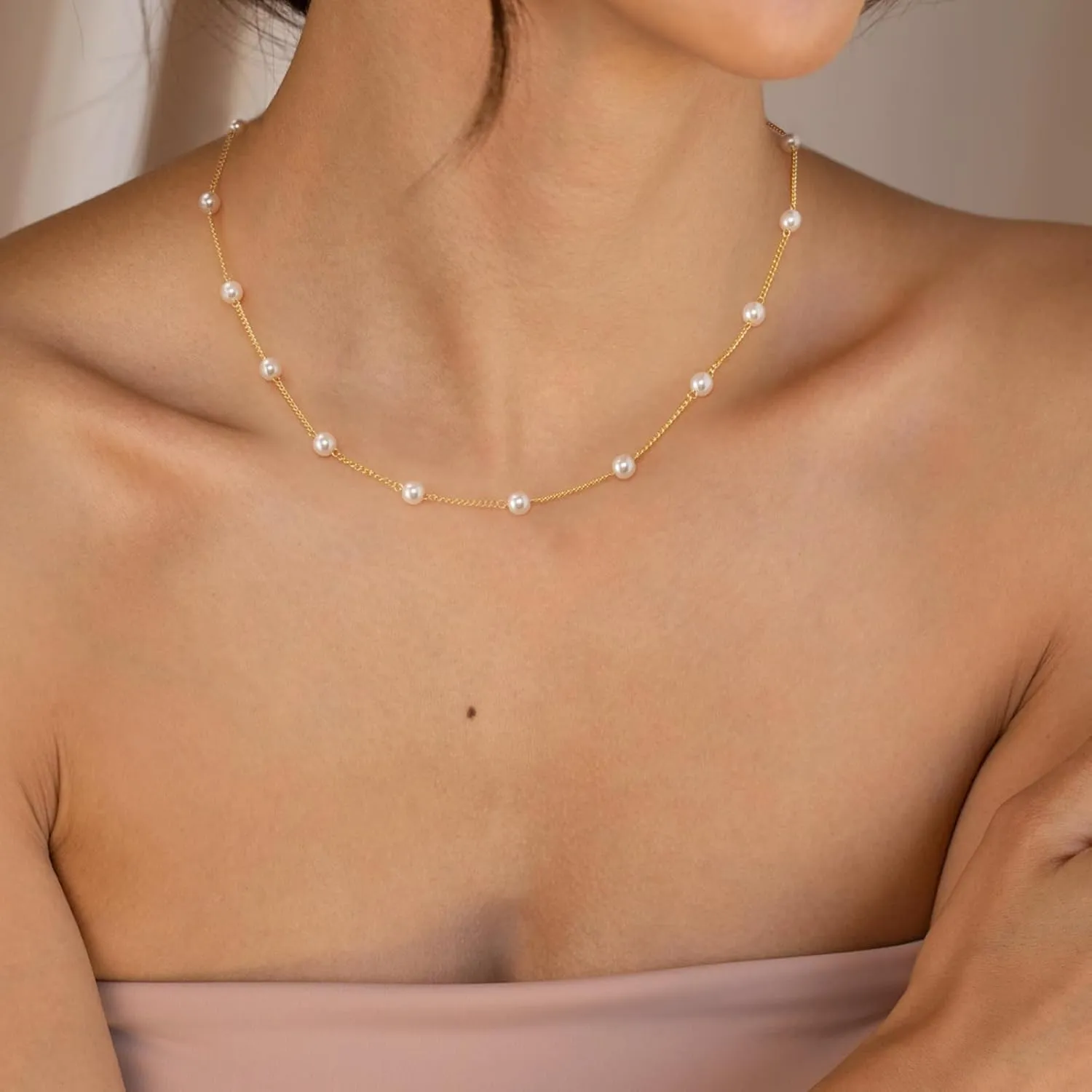 Dainty Pearl Pendant Necklaces for Women 14K Gold Plated Handmade Layered Pearl Chain Necklace Delicate Layered Freshwater Pearl Necklace Everyday Jewelry Gift