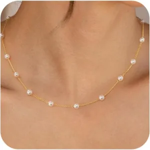 Dainty Pearl Pendant Necklaces for Women 14K Gold Plated Handmade Layered Pearl Chain Necklace Delicate Layered Freshwater Pearl Necklace Everyday Jewelry Gift