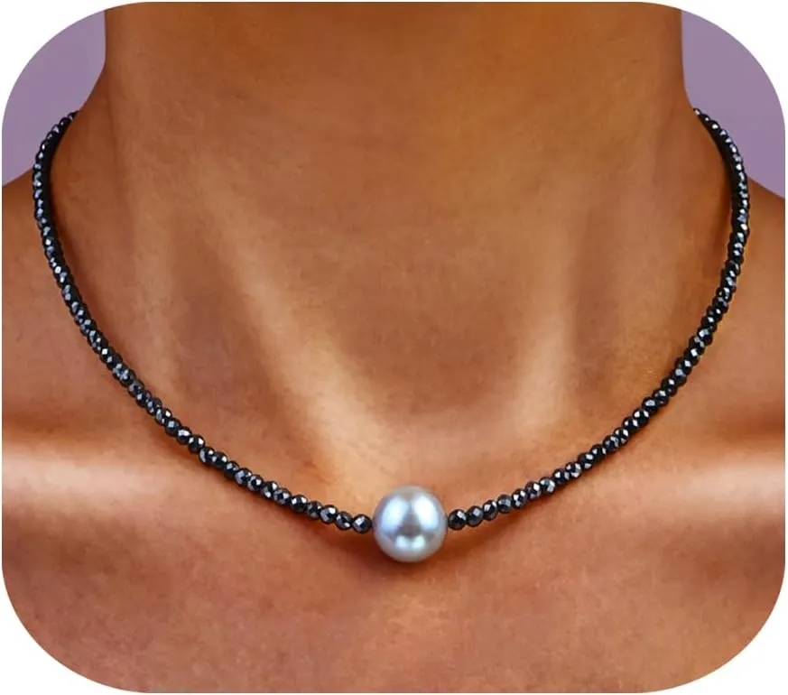 Dainty Single Pearl Pendant Necklaces for Women Trendy,Womens Black Stone Beaded Choker Necklace,Delicate Round Freshwater Pearl Necklace Jewelry Gift for Women