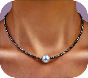 Dainty Single Pearl Pendant Necklaces for Women Trendy,Womens Black Stone Beaded Choker Necklace,Delicate Round Freshwater Pearl Necklace Jewelry Gift for Women
