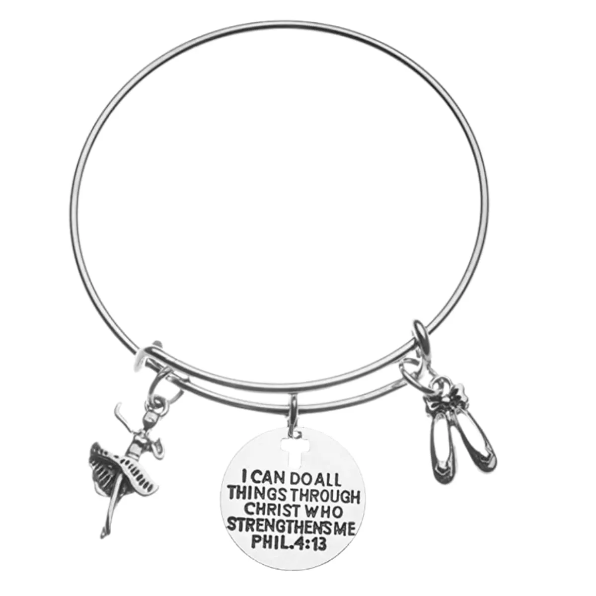 Dance Charm Bracelet, Christian Bangle Bracelet, Faith I Can Do All Things Through Christ Who Strengthens Me Phil. 4:13 Scripture Jewelry, Dance Gifts For Women and Girls