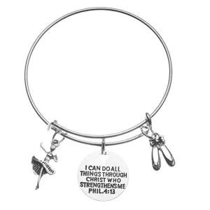 Dance Charm Bracelet, Christian Bangle Bracelet, Faith I Can Do All Things Through Christ Who Strengthens Me Phil. 4:13 Scripture Jewelry, Dance Gifts For Women and Girls