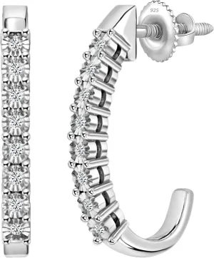 Dazzlingrock Collection 0.15 Carat (ctw) Round Diamond J Shaped Classic Hoop Earrings for Her in 925 Sterling Silver