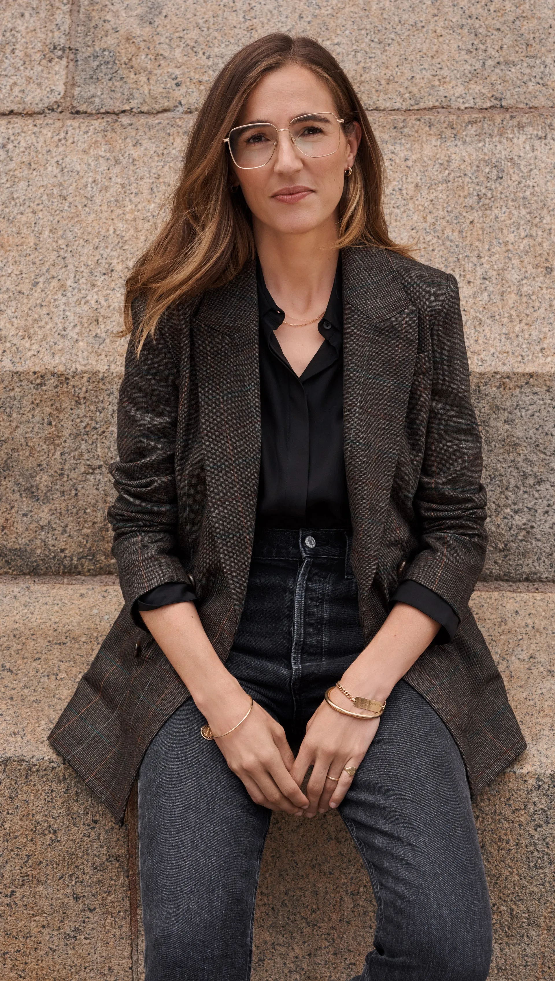 Double-Breasted Blazer in Wool Plaid | Black/Beige Multi