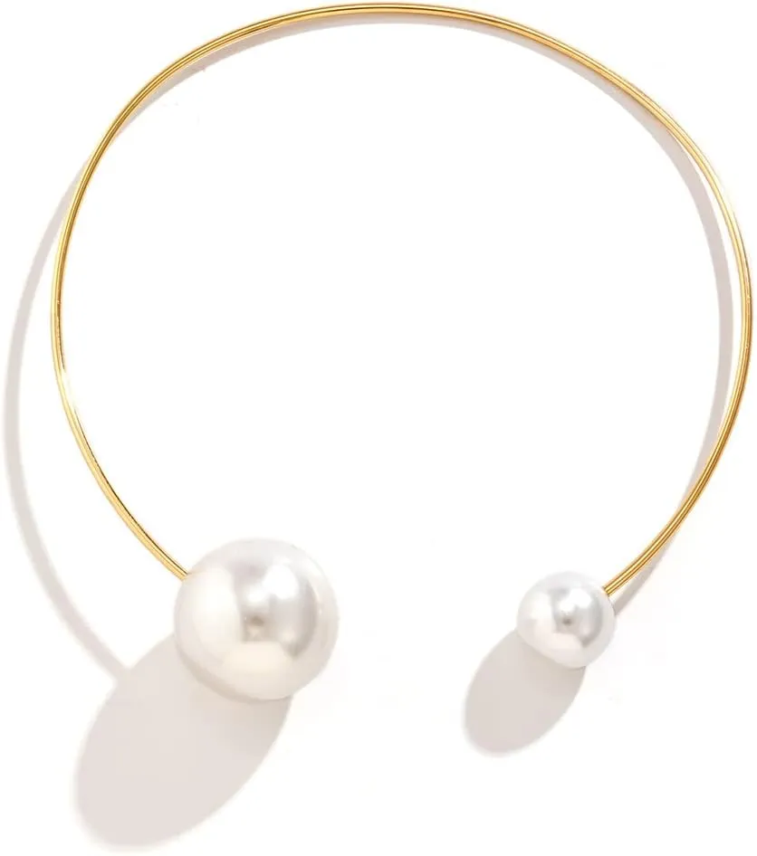 DOUBNINE Large Pearl Choker Necklace Collar for Women Bride Statement Adjustable Short Necklace Women Chic Gift for Her (Gold)