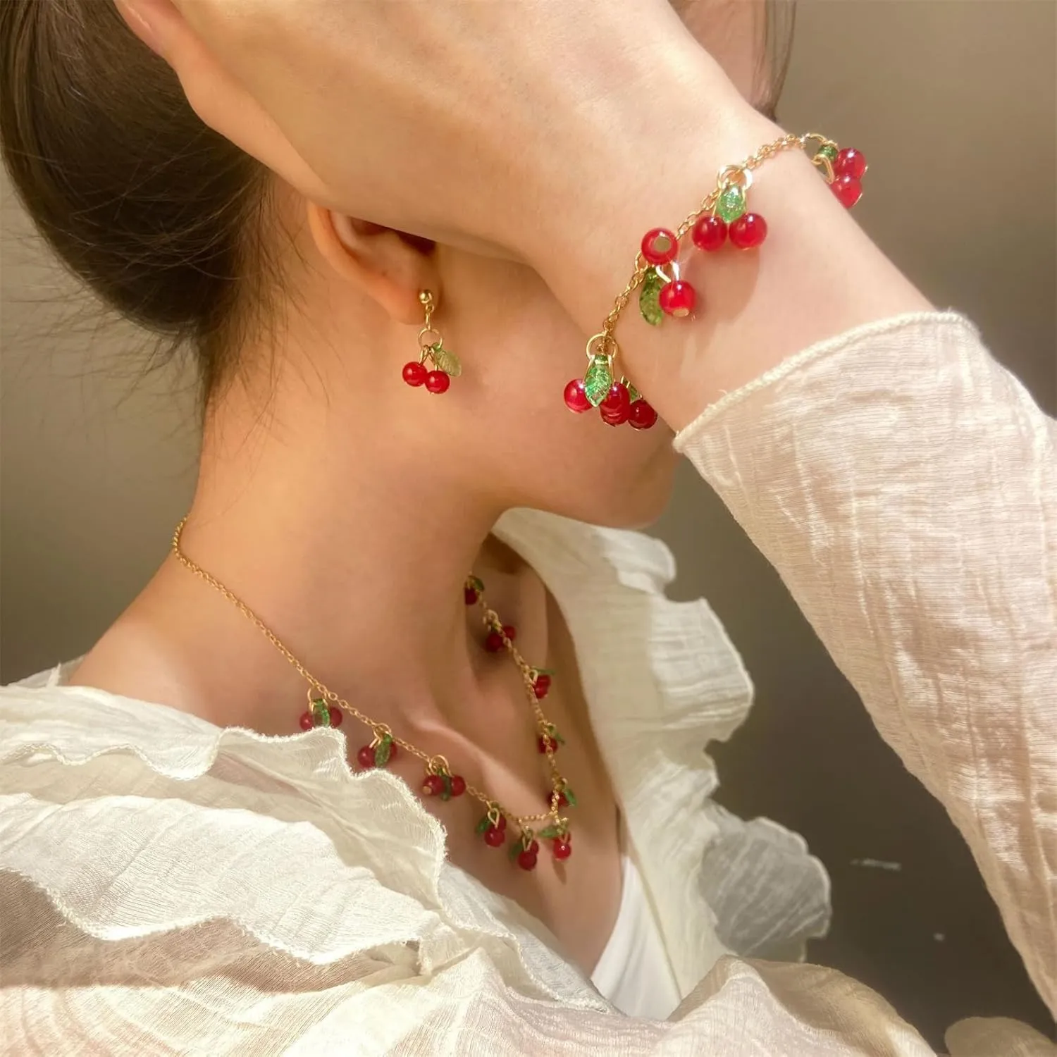 Dreuyet 3 Piece Fruit Jewelry Sets for Women Dainty Acrylic Cute Sweet Cherry Strawberry Leaves Dangle Drop Earrings Charm Chic Imitation Fruit Pendant Necklaces Summer Jewelry Gifts