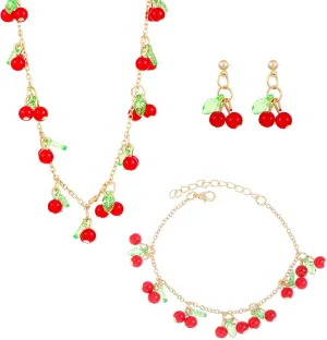 Dreuyet 3 Piece Fruit Jewelry Sets for Women Dainty Acrylic Cute Sweet Cherry Strawberry Leaves Dangle Drop Earrings Charm Chic Imitation Fruit Pendant Necklaces Summer Jewelry Gifts