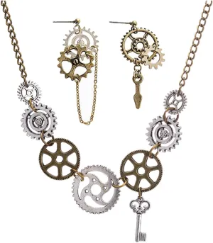 Dreuyet Gear Steampunk Earrings Necklace Jewelry Set Vintage Handmade Punk Clockwork Dangle Drop Earrings Clock Gear Antique Necklace for Women Men Halloween Accessories