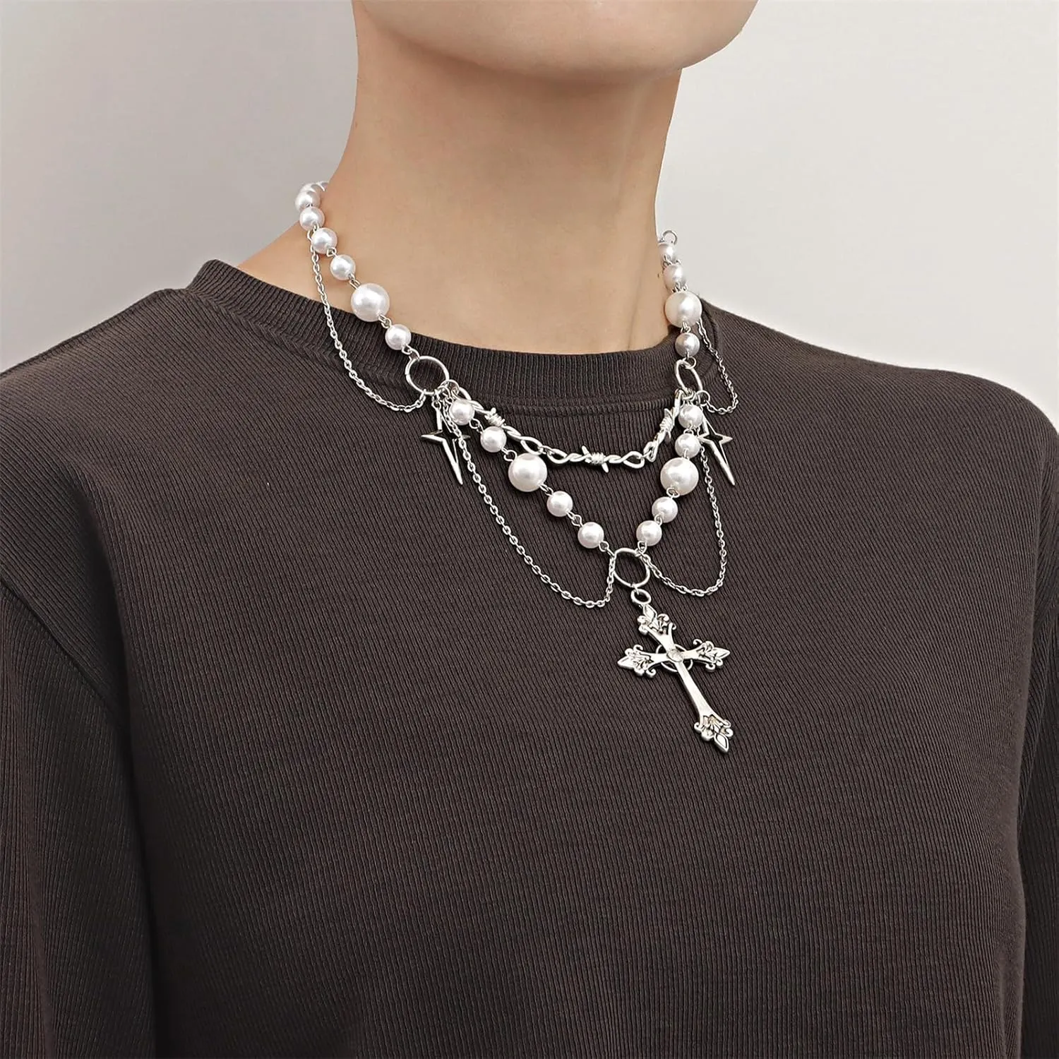 Dreuyet Gothic Pearl Cross Necklace for Women Chic Coquette Aesthetic Baddie Irregular Pearl Cubic Zirconia Cross Pendant Necklace Vintage Y2K Layered Statement Choker Bride Wedding Prom Dress Jewerly