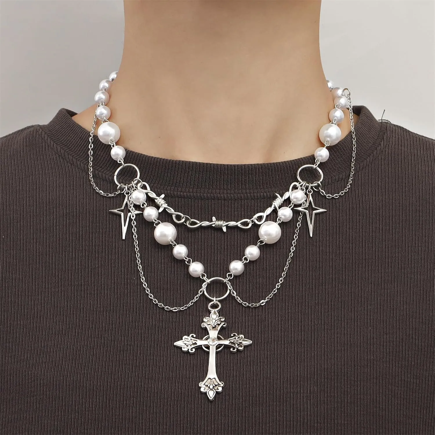 Dreuyet Gothic Pearl Cross Necklace for Women Chic Coquette Aesthetic Baddie Irregular Pearl Cubic Zirconia Cross Pendant Necklace Vintage Y2K Layered Statement Choker Bride Wedding Prom Dress Jewerly