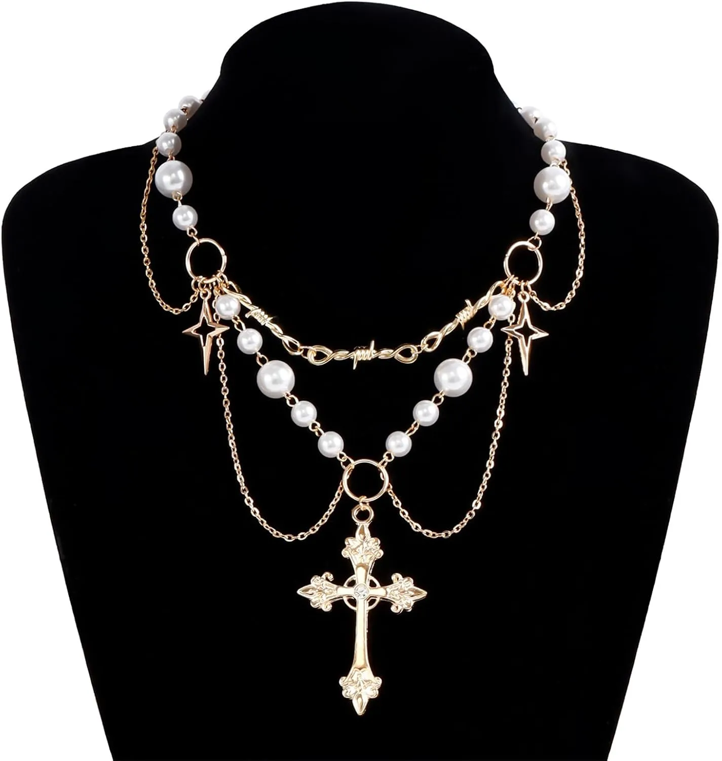 Dreuyet Gothic Pearl Cross Necklace for Women Chic Coquette Aesthetic Baddie Irregular Pearl Cubic Zirconia Cross Pendant Necklace Vintage Y2K Layered Statement Choker Bride Wedding Prom Dress Jewerly