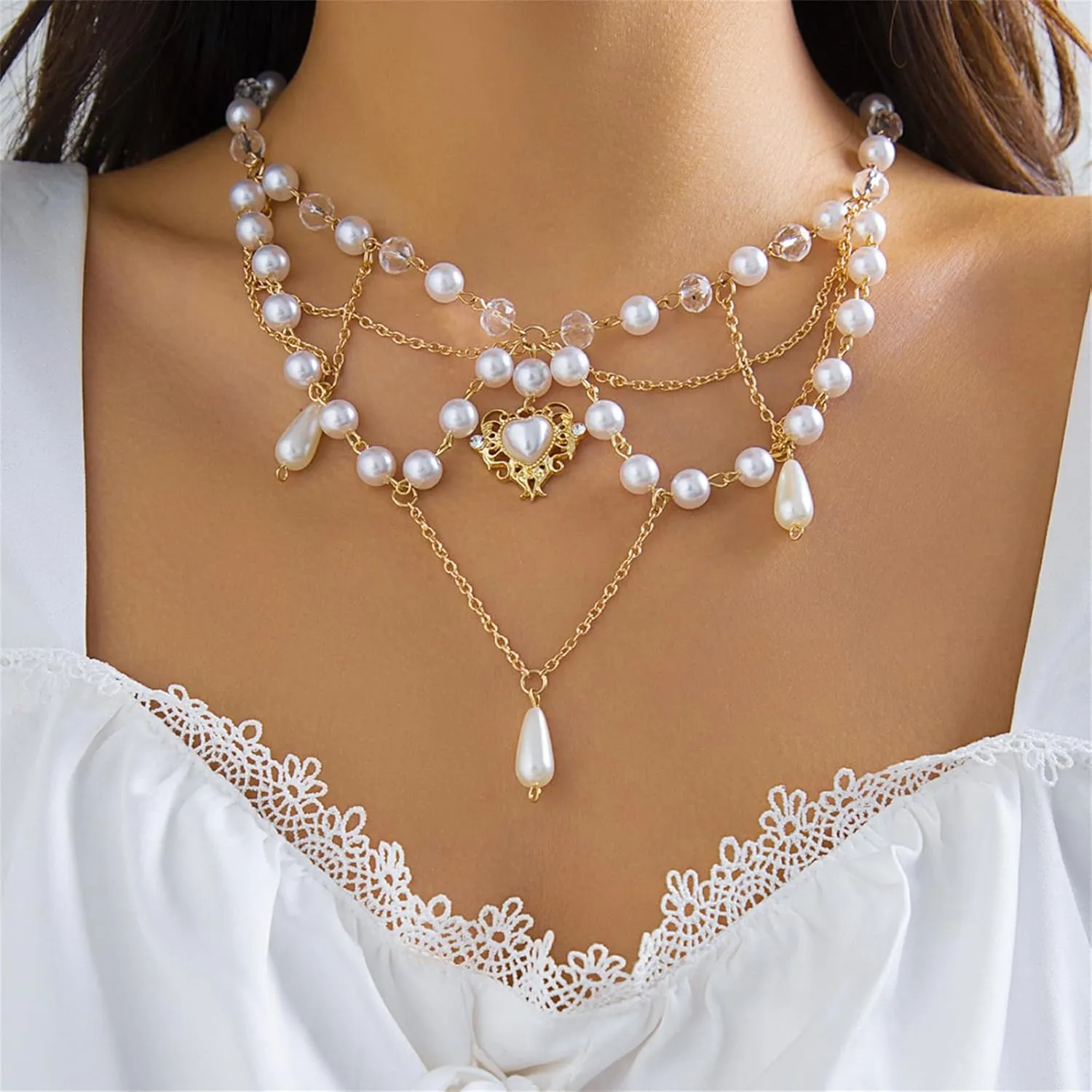 Dreuyet Gothic Pearl Cross Necklace for Women Chic Coquette Aesthetic Baddie Irregular Pearl Cubic Zirconia Cross Pendant Necklace Vintage Y2K Layered Statement Choker Bride Wedding Prom Dress Jewerly