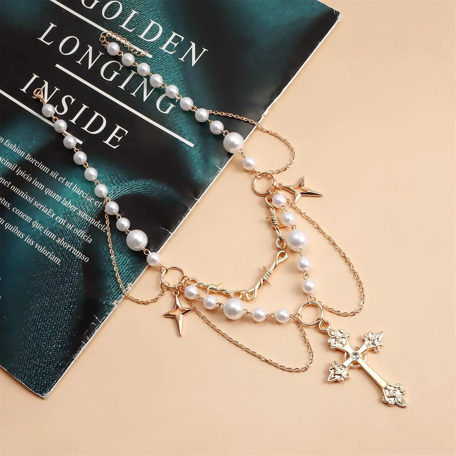 Dreuyet Gothic Pearl Cross Necklace for Women Chic Coquette Aesthetic Baddie Irregular Pearl Cubic Zirconia Cross Pendant Necklace Vintage Y2K Layered Statement Choker Bride Wedding Prom Dress Jewerly