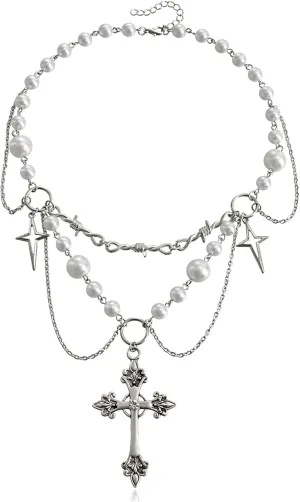 Dreuyet Gothic Pearl Cross Necklace for Women Chic Coquette Aesthetic Baddie Irregular Pearl Cubic Zirconia Cross Pendant Necklace Vintage Y2K Layered Statement Choker Bride Wedding Prom Dress Jewerly