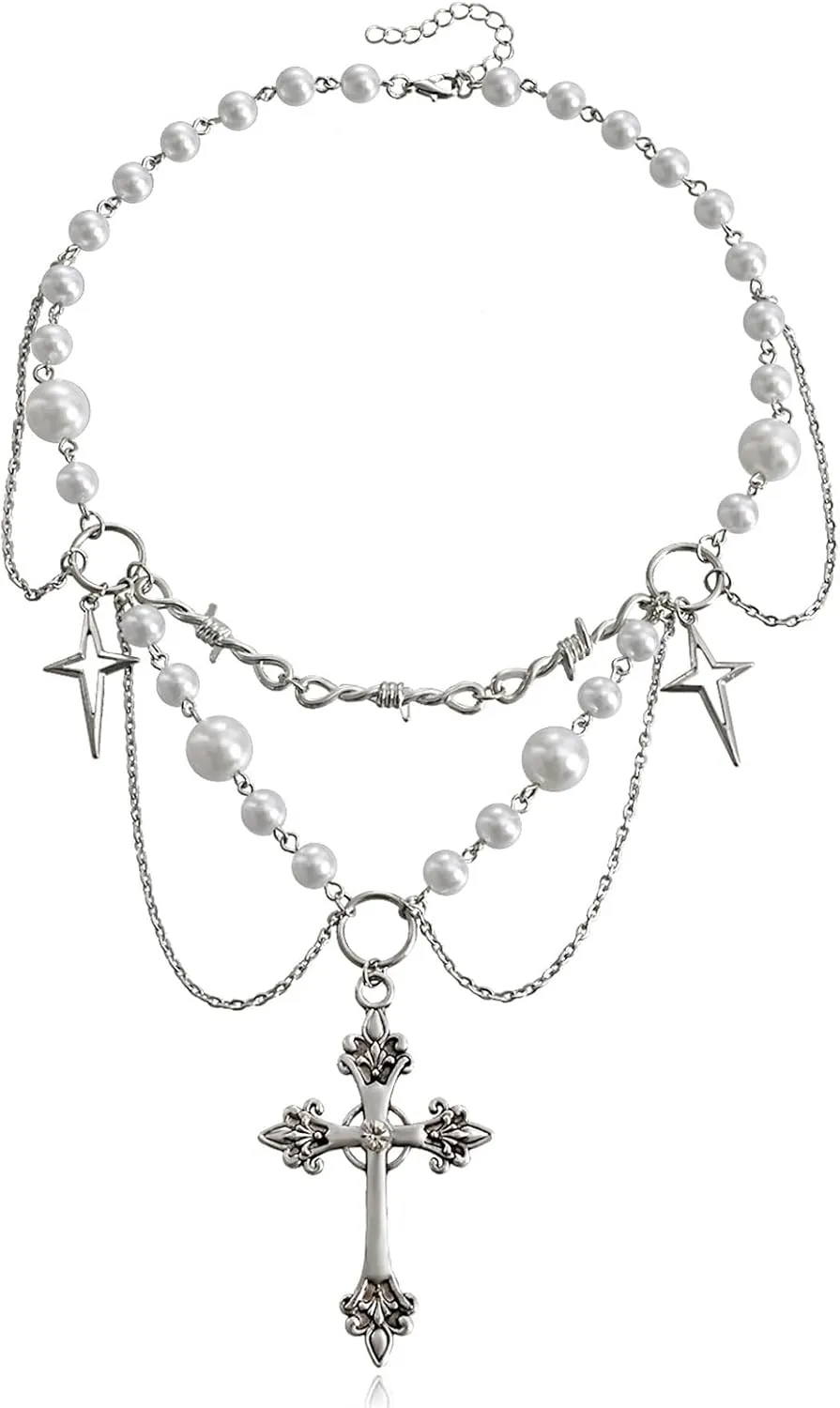 Dreuyet Gothic Pearl Cross Necklace for Women Chic Coquette Aesthetic Baddie Irregular Pearl Cubic Zirconia Cross Pendant Necklace Vintage Y2K Layered Statement Choker Bride Wedding Prom Dress Jewerly
