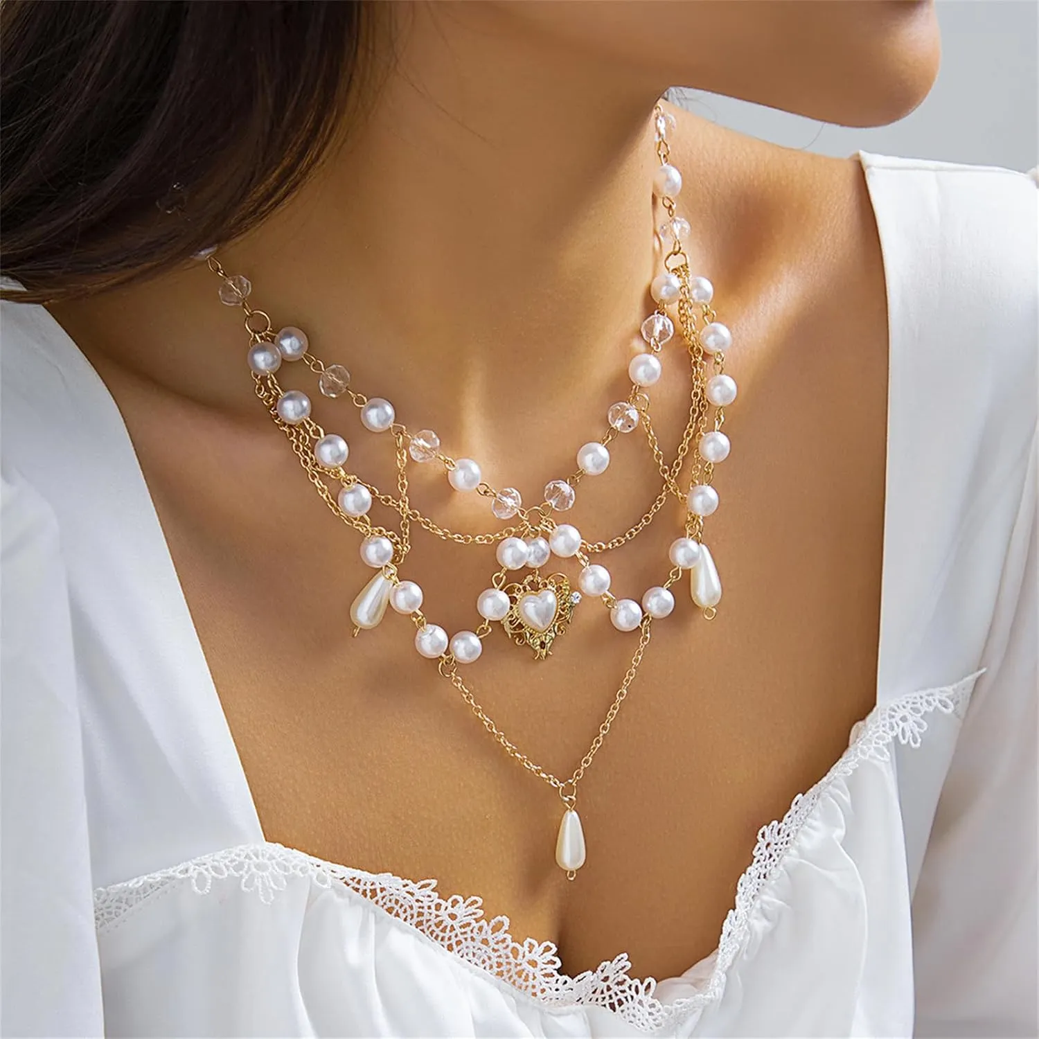 Dreuyet Gothic Pearl Cross Necklace for Women Chic Coquette Aesthetic Baddie Irregular Pearl Cubic Zirconia Cross Pendant Necklace Vintage Y2K Layered Statement Choker Bride Wedding Prom Dress Jewerly