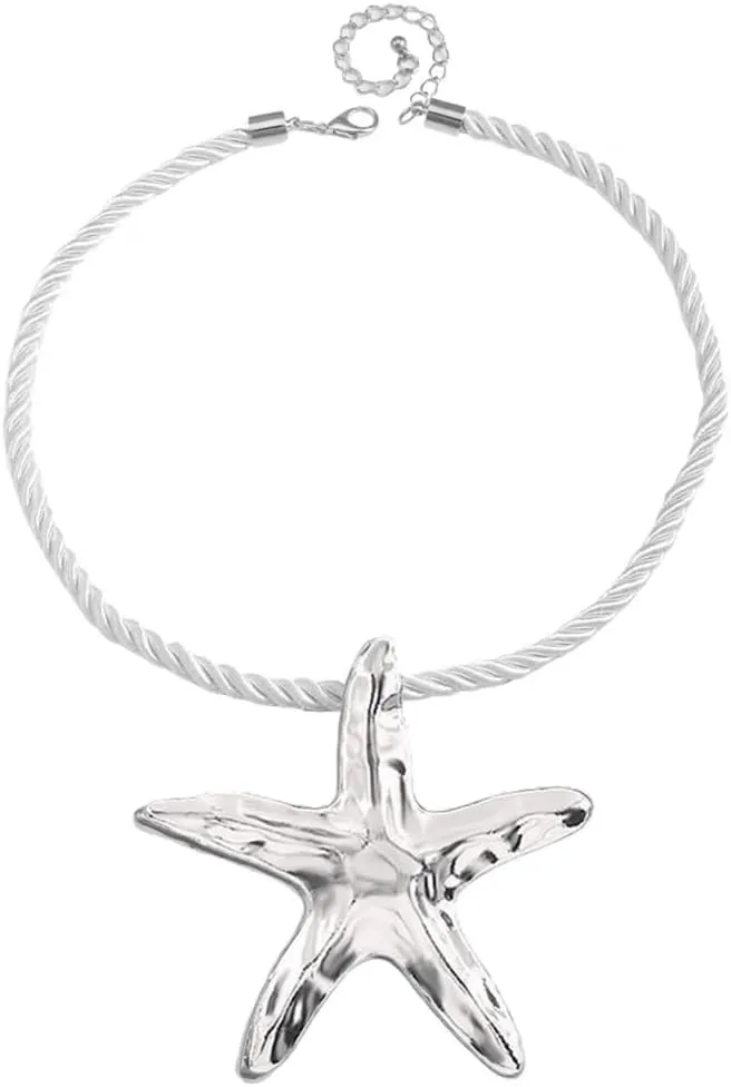 Dtja Large Starfish Pendant Necklace for Women Girls Handmade Hammered Star Shaped Ocean Sea Marine Life Rope Chain Adjustable Necklaces Fashion Chic Beach Holiday Party Jewelry 20"