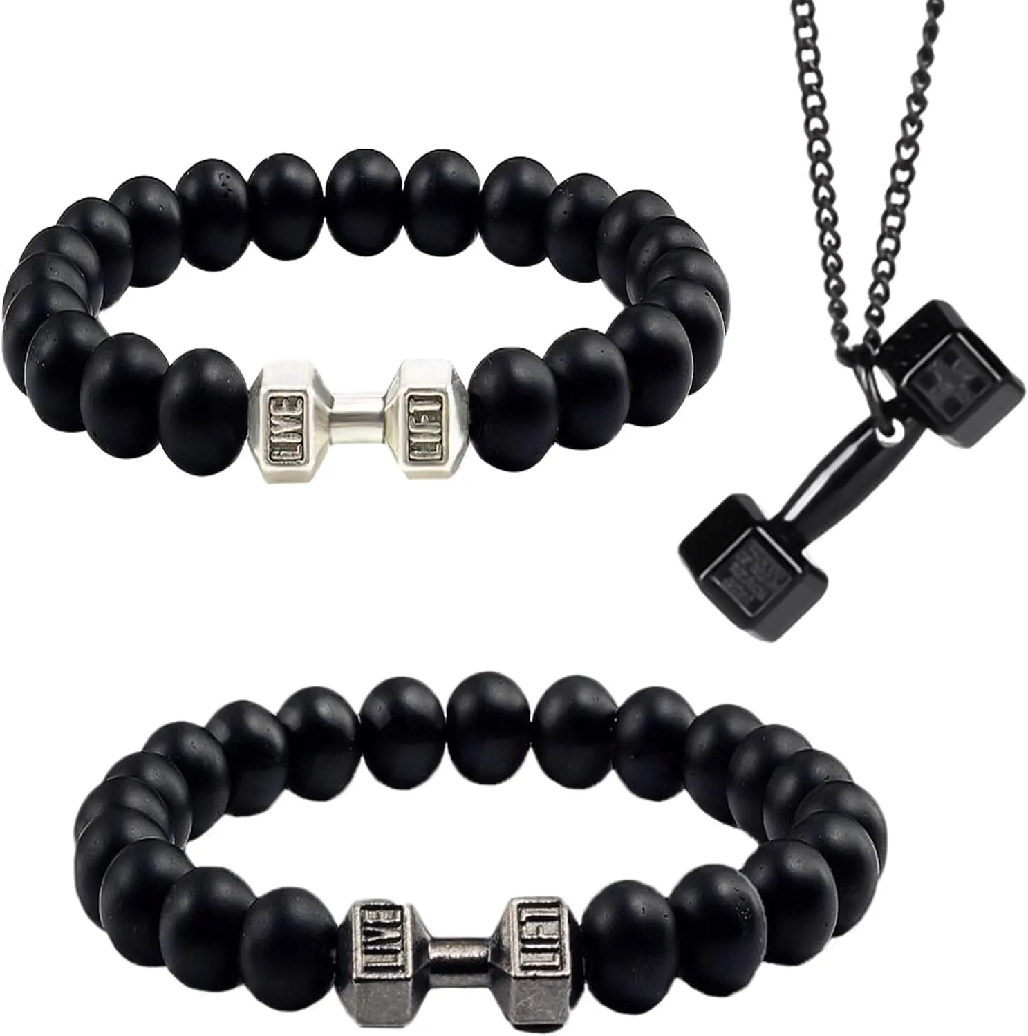 Dumbell Bracelet, Weighted Bracelet For Men, Dumbbell Bracelet For Men, 8mm Volcanic Rock Bracelet Set Black Necklace