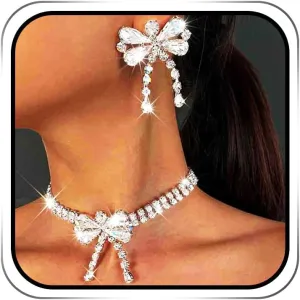 EARENT Rhinestone Bow Jewelry Set Silver Sparkly Crystal Choker Necklace Dangle Earrings Prom Sets for Women(Set of 2)