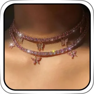EARENT Rhinestone Butterfly Choker Necklaces Sparkly Crystal Butterfly Chain Necklace Glitter Pink Prom Jewerly for Women(PinkPack of 2)