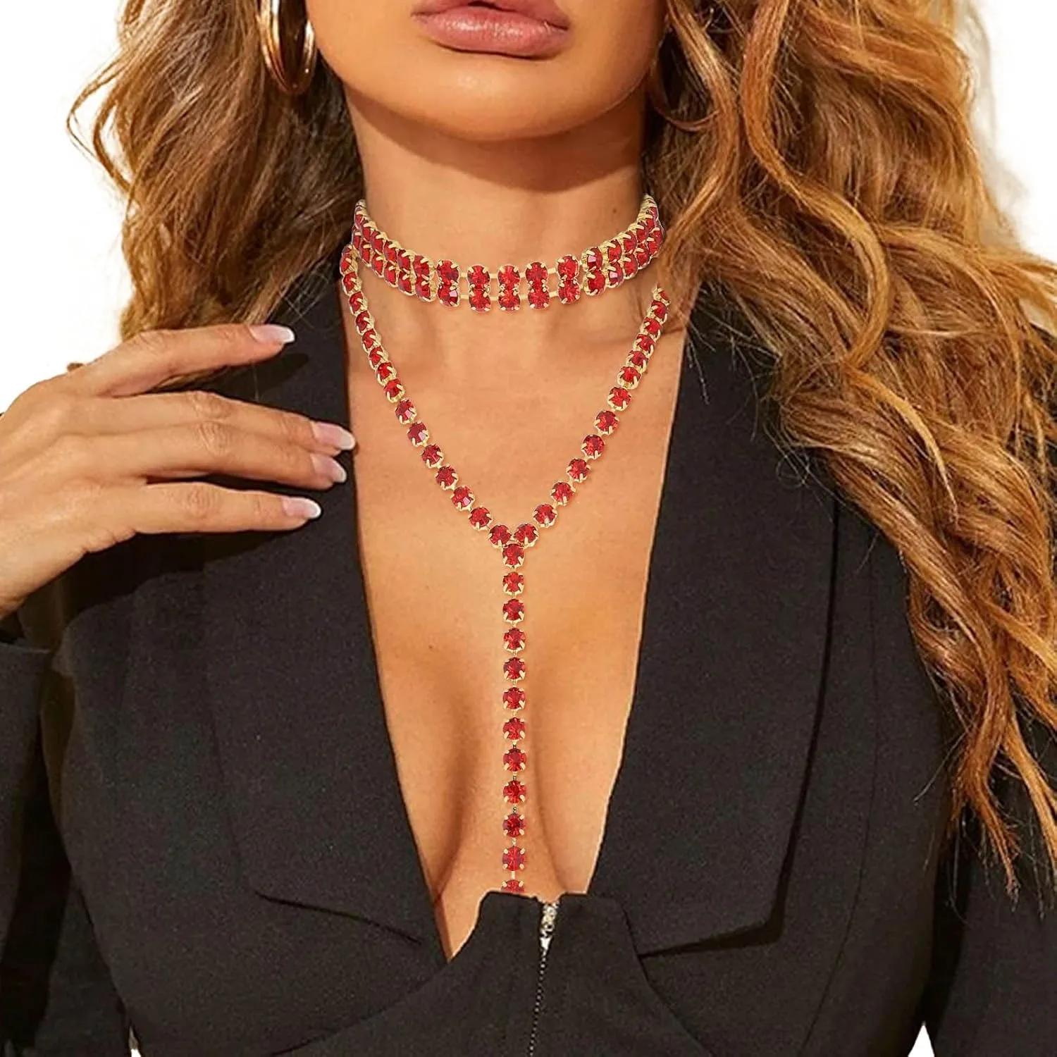 ELABEST Long Rhinestone Necklace Layered Y Necklaces Crystal Choker Necklace Dainty Wedding Bridal Bridesmaid Jewelry for Women
