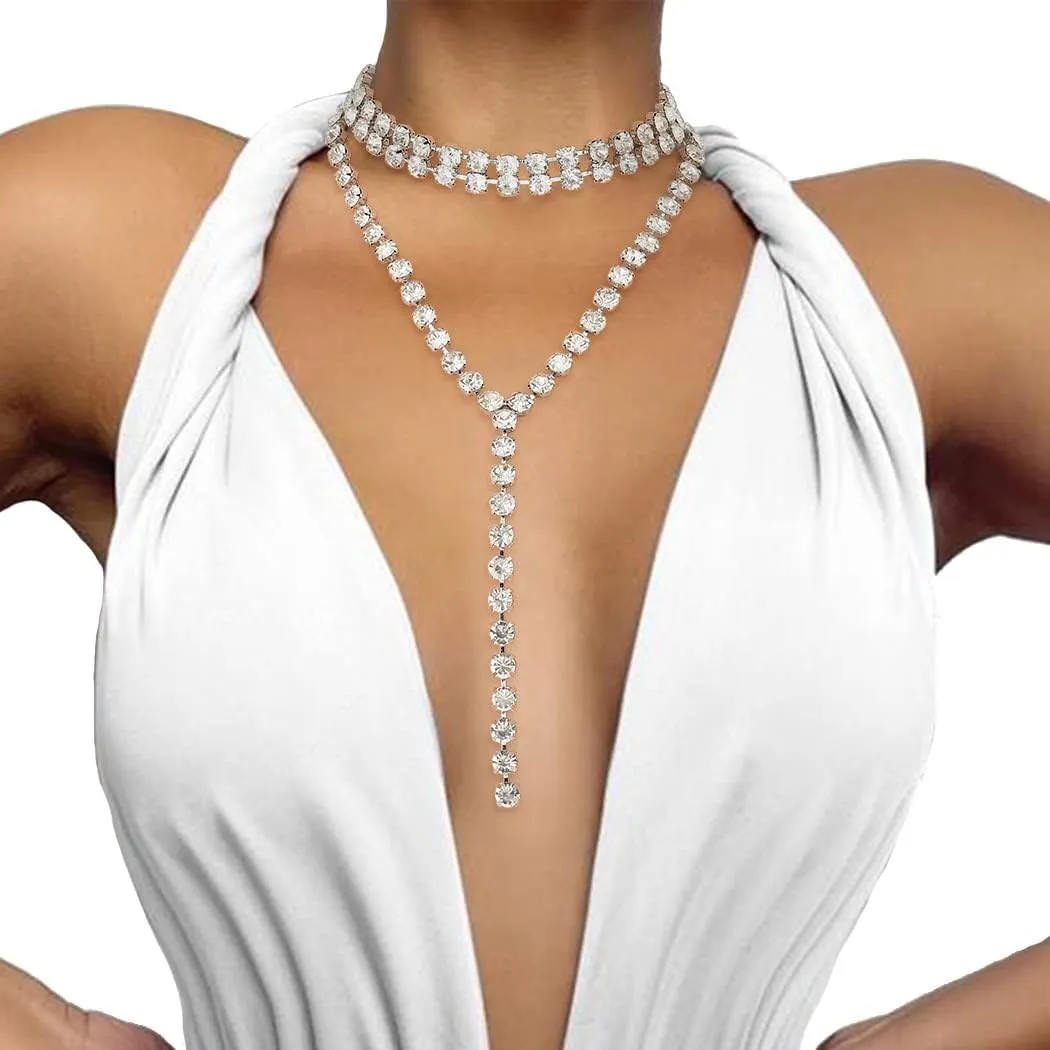ELABEST Long Rhinestone Necklace Layered Y Necklaces Crystal Choker Necklace Dainty Wedding Bridal Bridesmaid Jewelry for Women