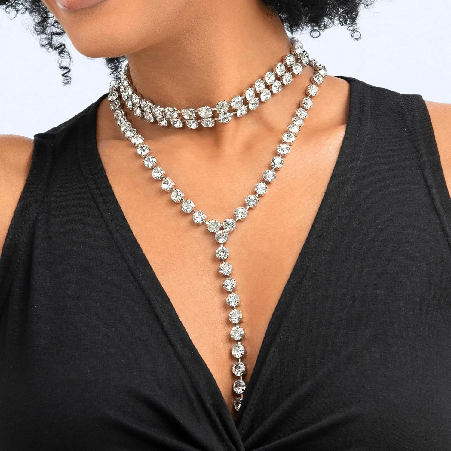 ELABEST Long Rhinestone Necklace Layered Y Necklaces Crystal Choker Necklace Dainty Wedding Bridal Bridesmaid Jewelry for Women