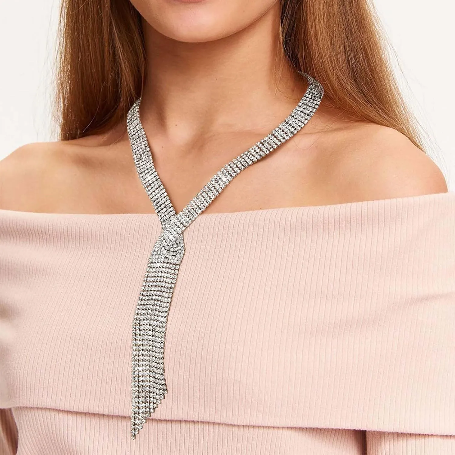 ELABEST Long Rhinestone Necklace Statement Tassel Necklaces Crystal Layered Y Choker for Women