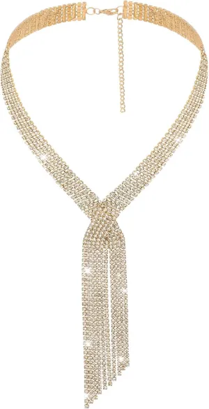 ELABEST Long Rhinestone Necklace Statement Tassel Necklaces Crystal Layered Y Choker for Women