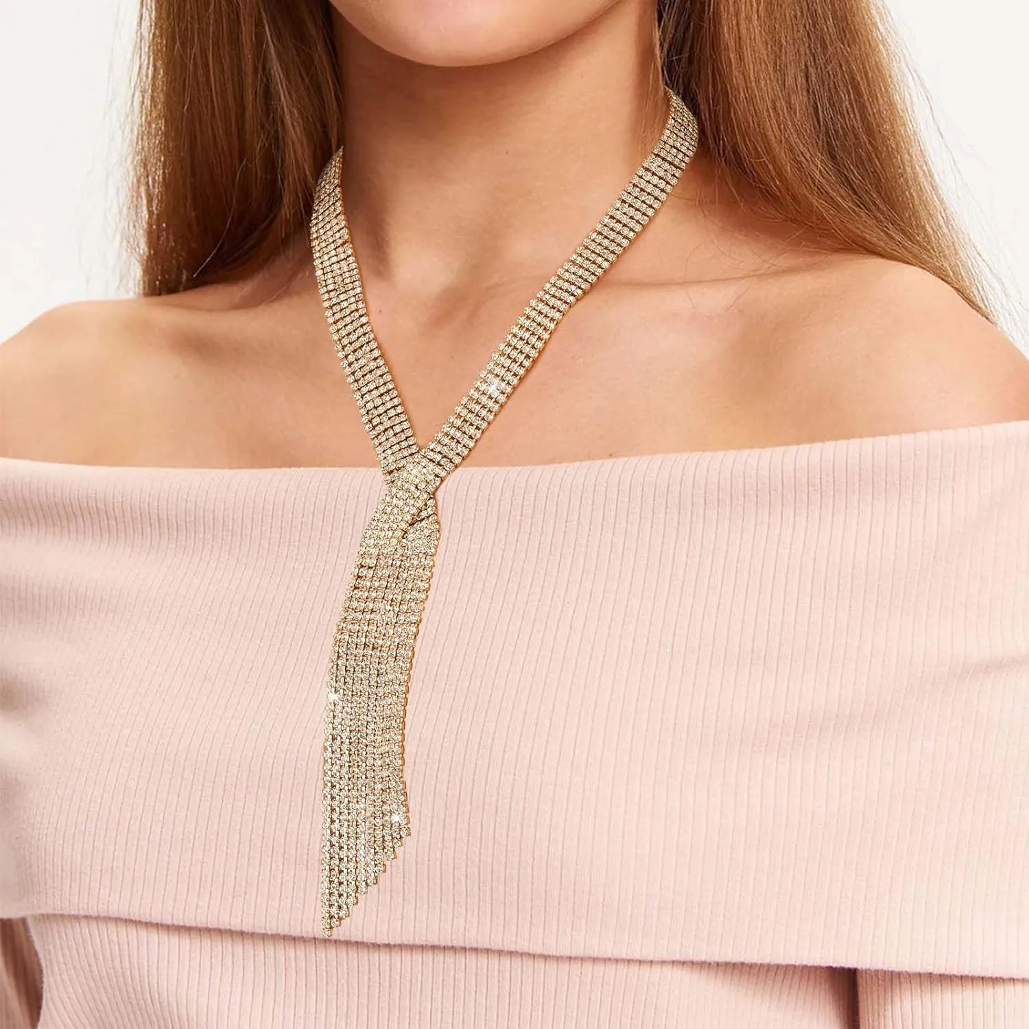 ELABEST Long Rhinestone Necklace Statement Tassel Necklaces Crystal Layered Y Choker for Women