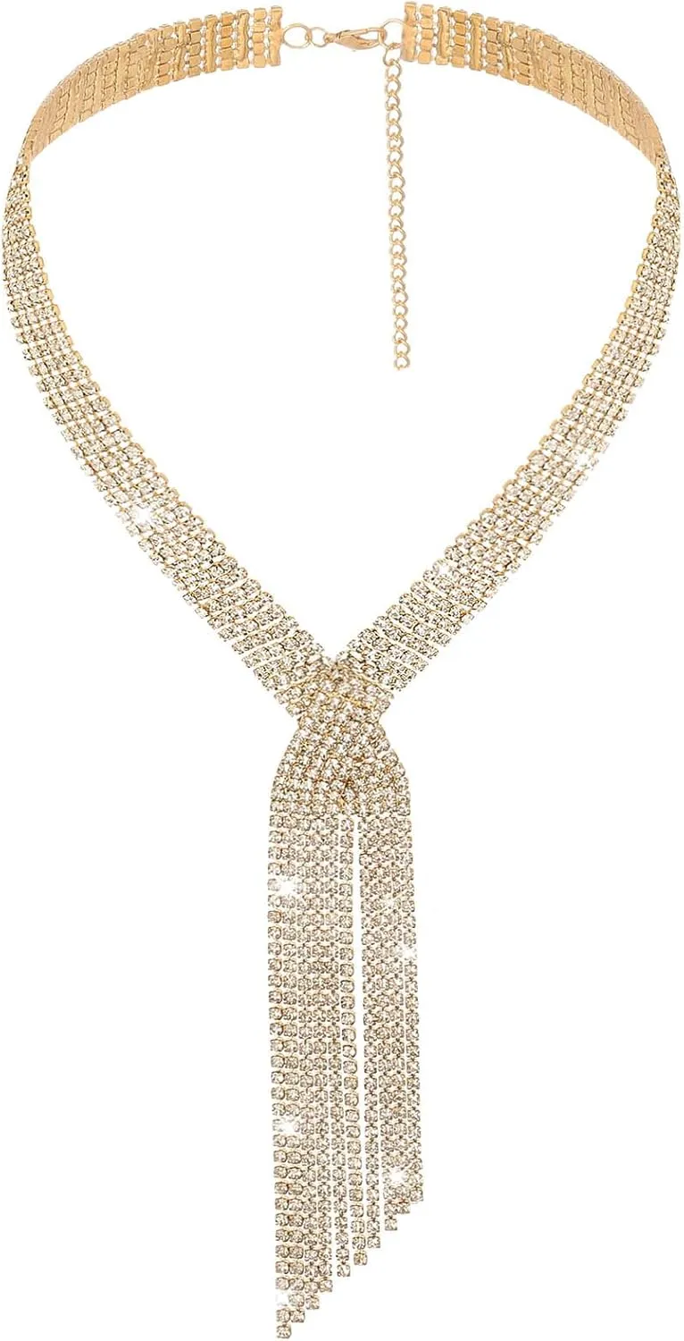 ELABEST Long Rhinestone Necklace Statement Tassel Necklaces Crystal Layered Y Choker for Women