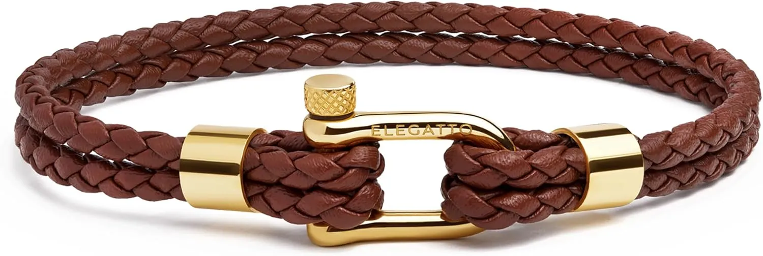 Elegatto Helix Premium Vintage Leather Bracelet for Men | Double Black Leather Strands with Sterling Silver Polished Mini Shackle Closure | Mens Designer Jewelry