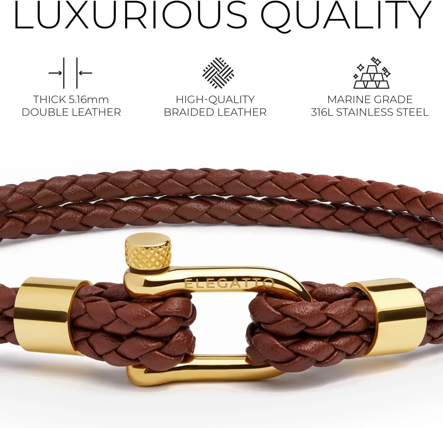 Elegatto Helix Premium Vintage Leather Bracelet for Men | Double Black Leather Strands with Sterling Silver Polished Mini Shackle Closure | Mens Designer Jewelry