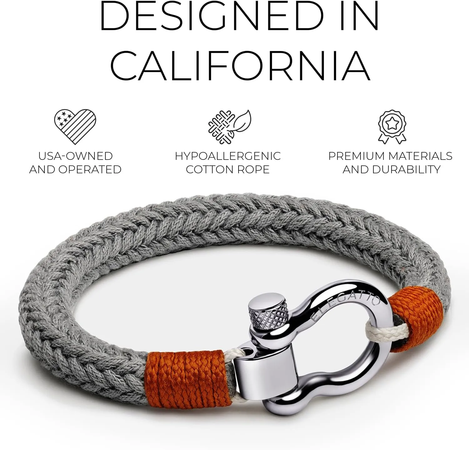 Elegatto Orion Premium Rope Bracelet for Men | Natural Cotton Finish and Sterling Silver Polished Stainless Steel Horseshoe Shackle Closure | Mens Designer Bracelets