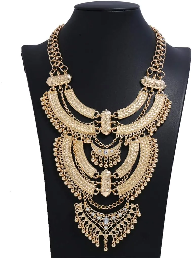 Ethnic Chunky Choker Necklace Bib Egypt Tribal Collar Necklaces, Vintage Caved Multilayer Indian Statement Jewelry