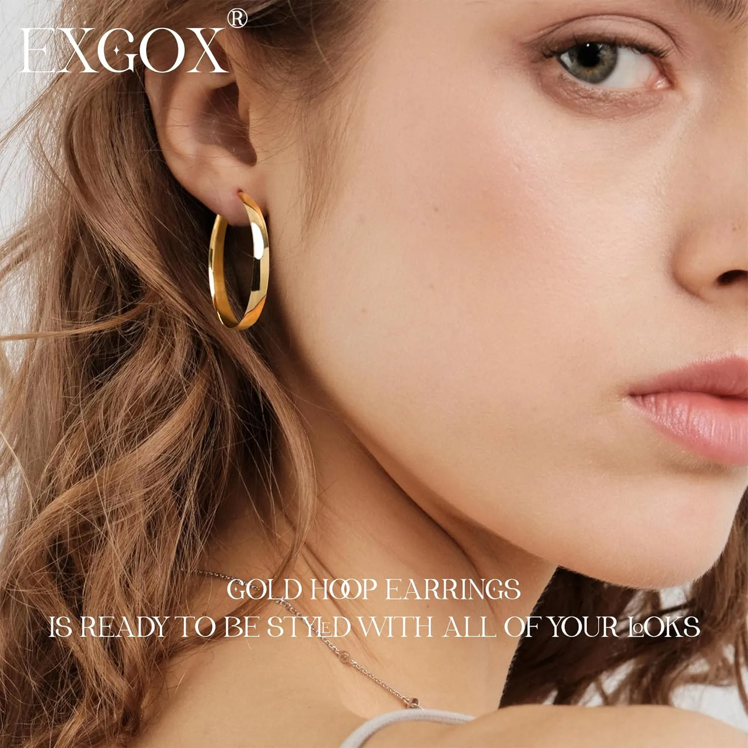 EXGOX 5mm Wide Gold Hoop Earrings for Women,Sterling Silver Hoop Earrings Large Silver Hoop Earrings Hypoallergenic Lightweight 14K Real Gold Plated Big Hoop Earrings for Women 30/40/50/60/70mm