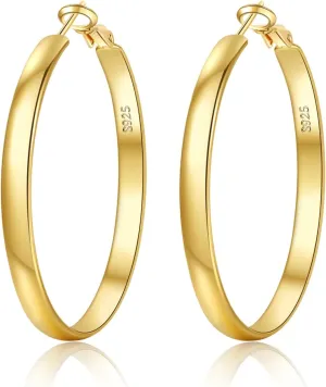 EXGOX 5mm Wide Gold Hoop Earrings for Women,Sterling Silver Hoop Earrings Large Silver Hoop Earrings Hypoallergenic Lightweight 14K Real Gold Plated Big Hoop Earrings for Women 30/40/50/60/70mm