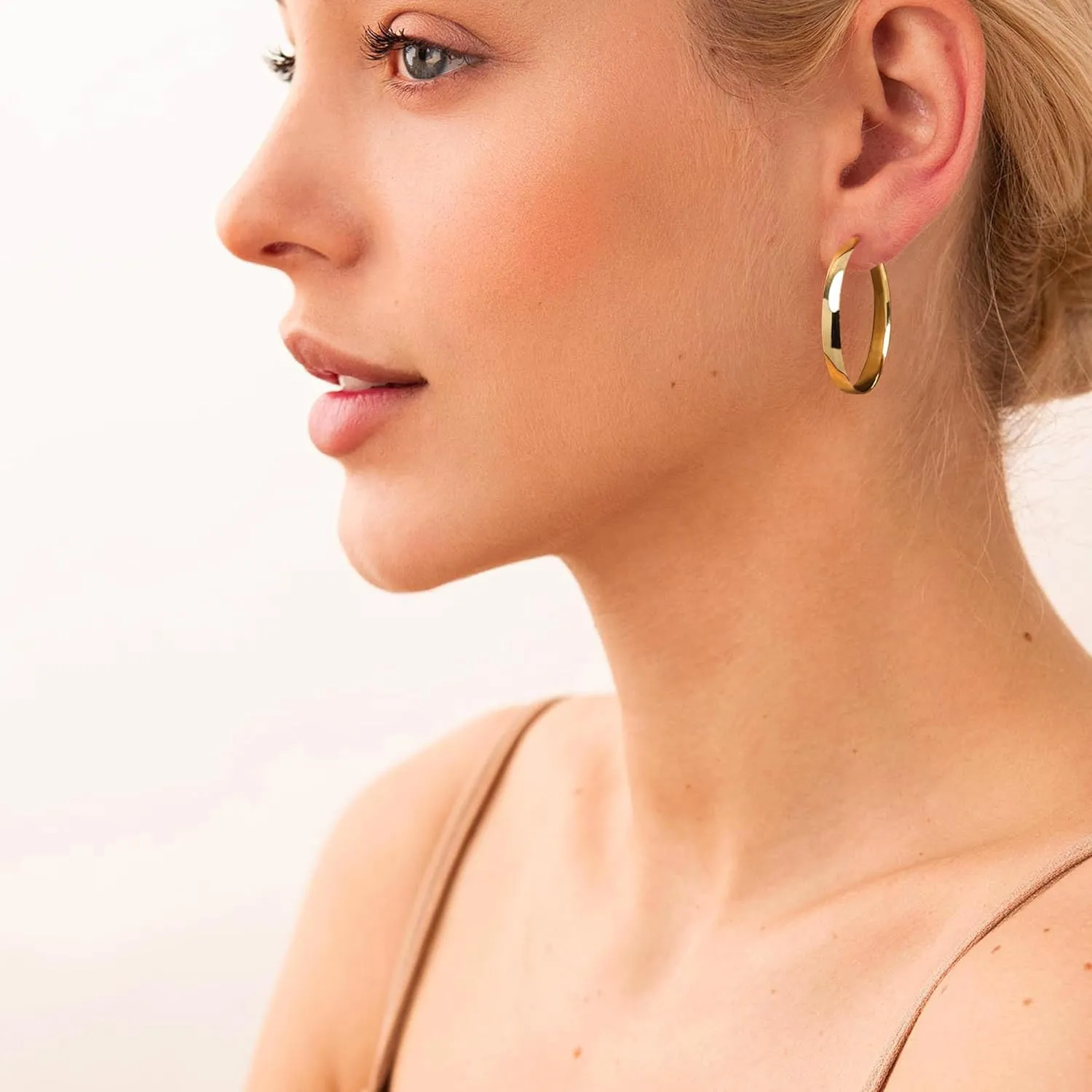 EXGOX 5mm Wide Gold Hoop Earrings for Women,Sterling Silver Hoop Earrings Large Silver Hoop Earrings Hypoallergenic Lightweight 14K Real Gold Plated Big Hoop Earrings for Women 30/40/50/60/70mm